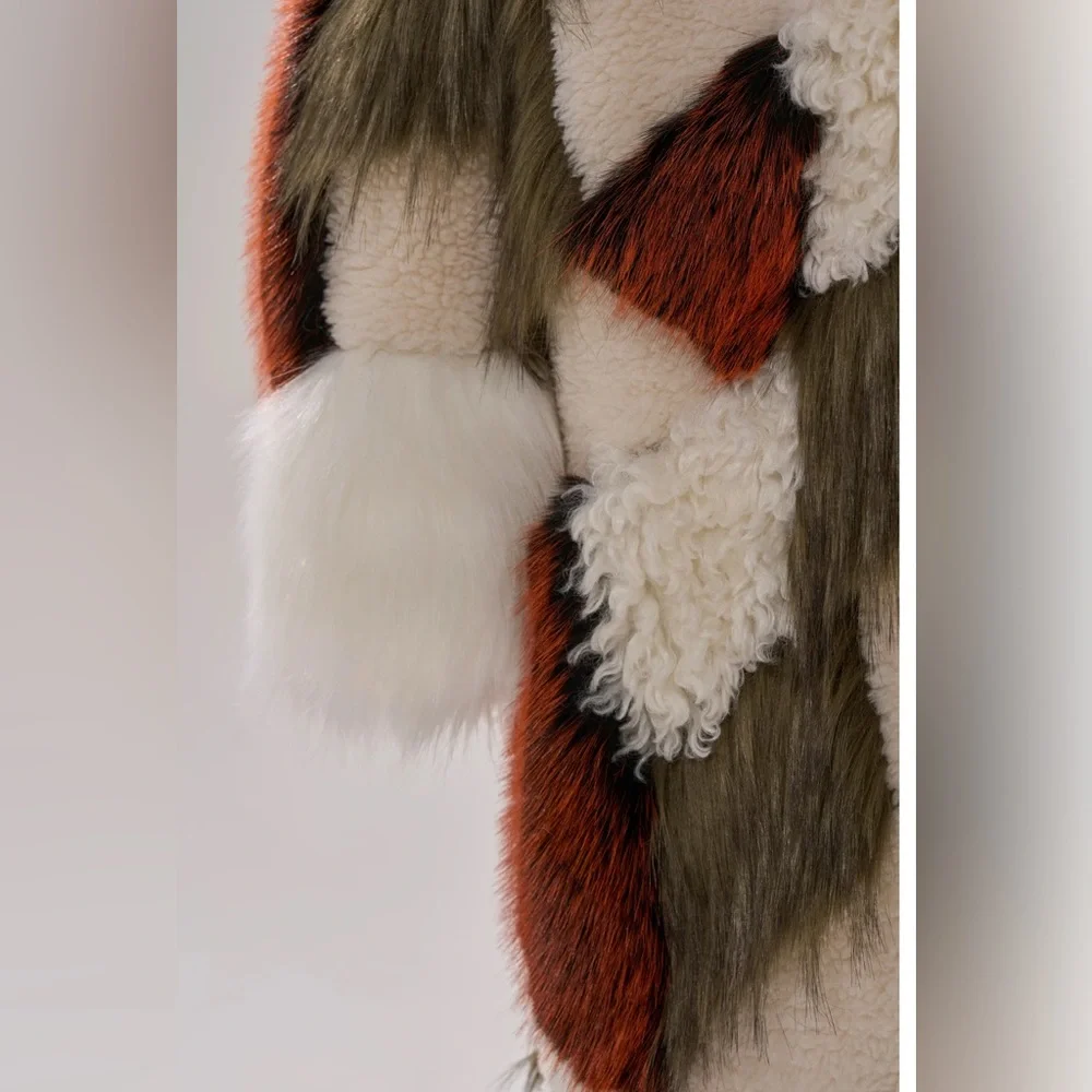 NWT Akira Patchwork Faux Fur Coat in Cream, Olive & Rust    1X /2X - Picture 8 of 12